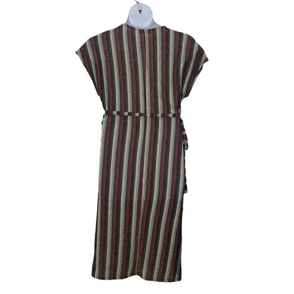 Zara Metallic Striped Belted Midi Dress V-Neck Size M - Picture 9 of 16